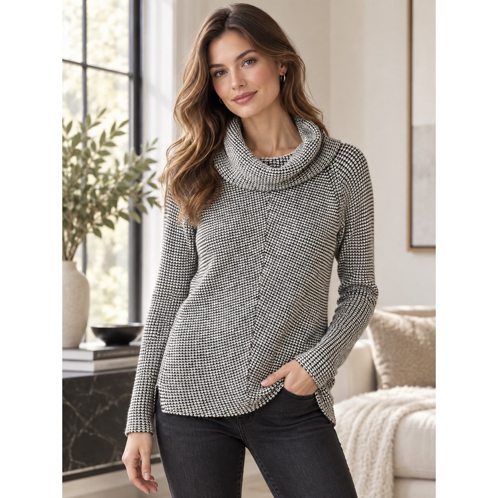 Saks Fifth Avenue Womens XS 100% Cashmere Cowl Neck Sweater Black Gray Knit